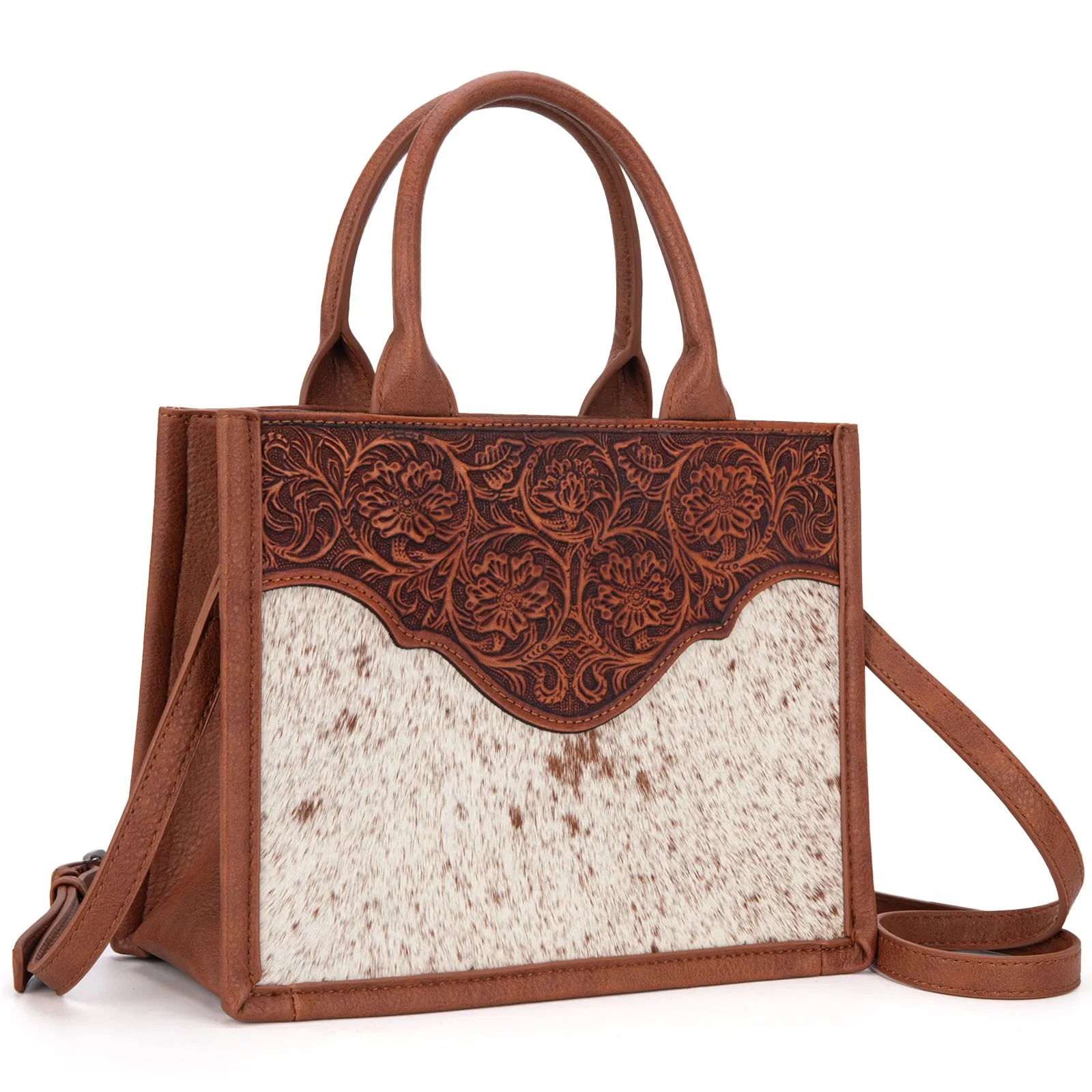 TR178G-8899   Trinity Ranch Hair On Cowhide Floral Tooled Concealed Carry Tote/Crossbody - Brown