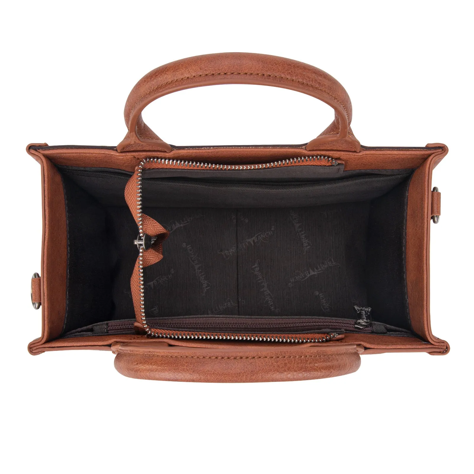 TR178G-8899   Trinity Ranch Hair On Cowhide Floral Tooled Concealed Carry Tote/Crossbody - Brown
