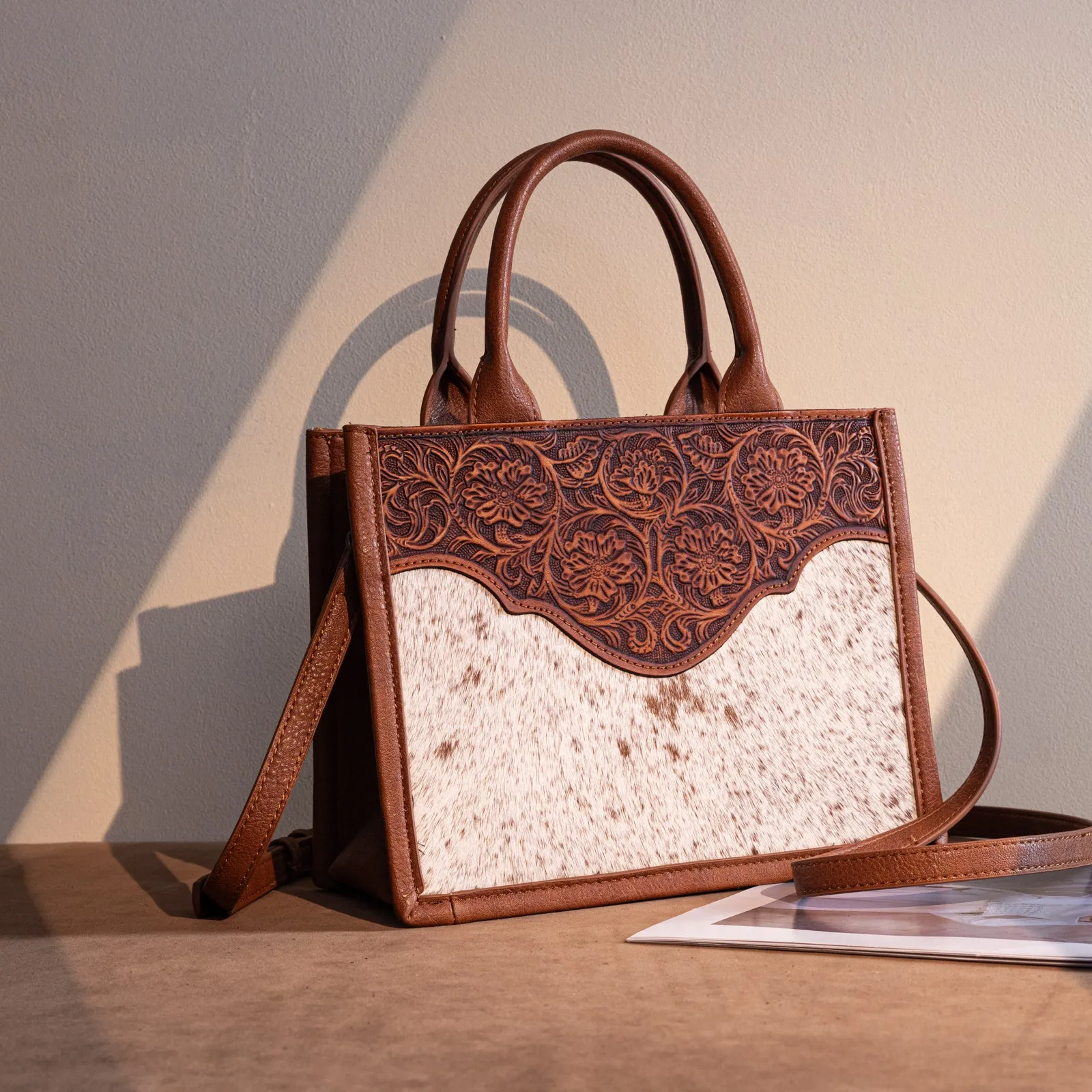 TR178G-8899   Trinity Ranch Hair On Cowhide Floral Tooled Concealed Carry Tote/Crossbody - Brown