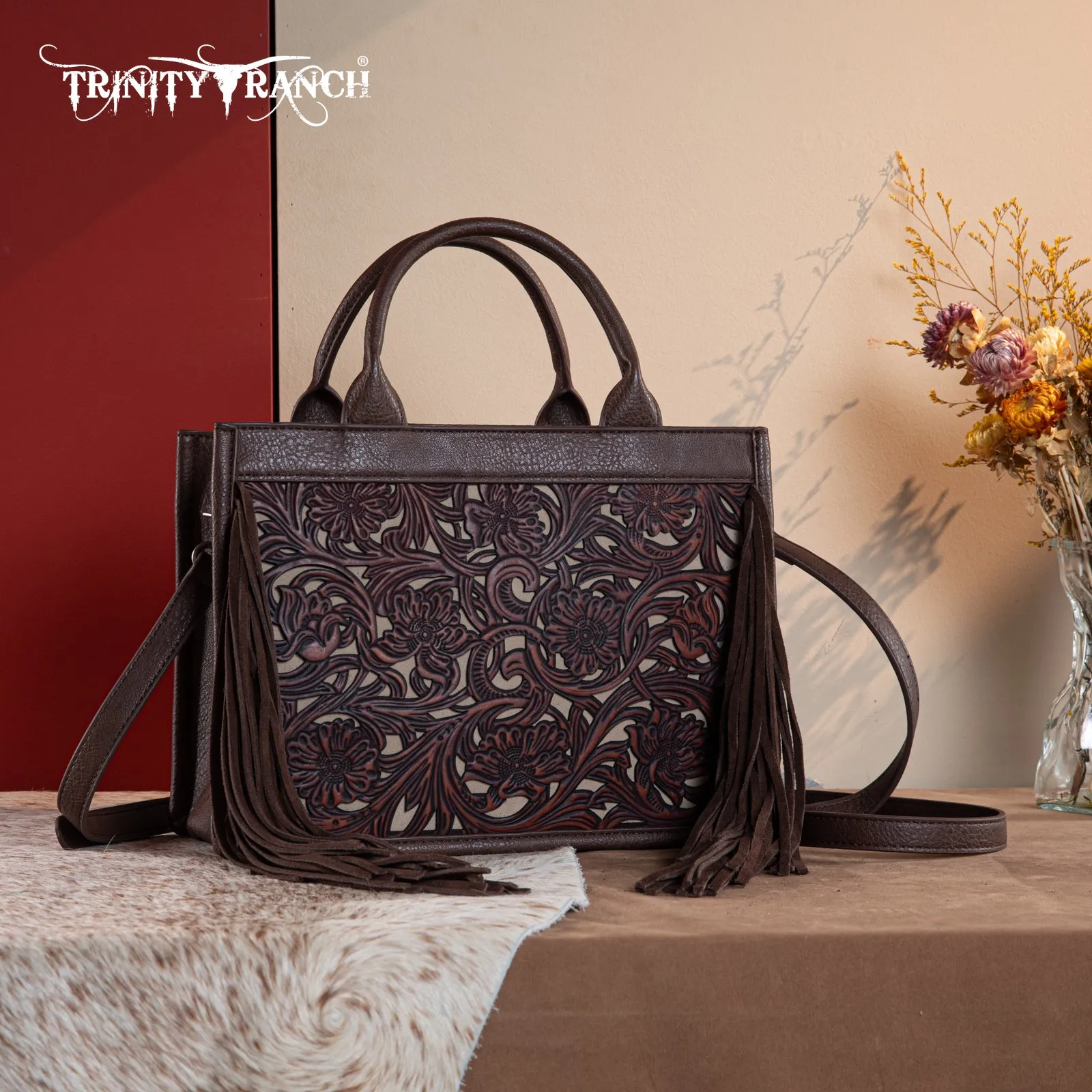 TR188-2003   Trinity Ranch Floral Tooled Fringe Concealed Carry Tote/Crossbody