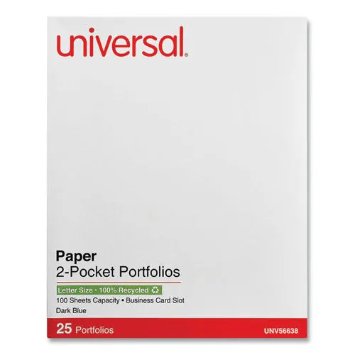 Universal® Two-Pocket Portfolio, Embossed Leather Grain Paper, 11 X 8.5, Dark Blue, 25/box