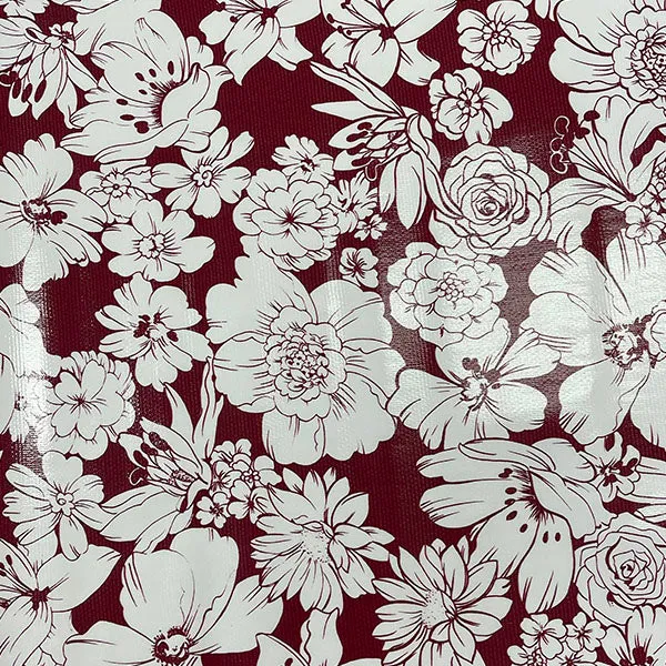 Wine White Floral Oilcloth Fabric - Reorderable