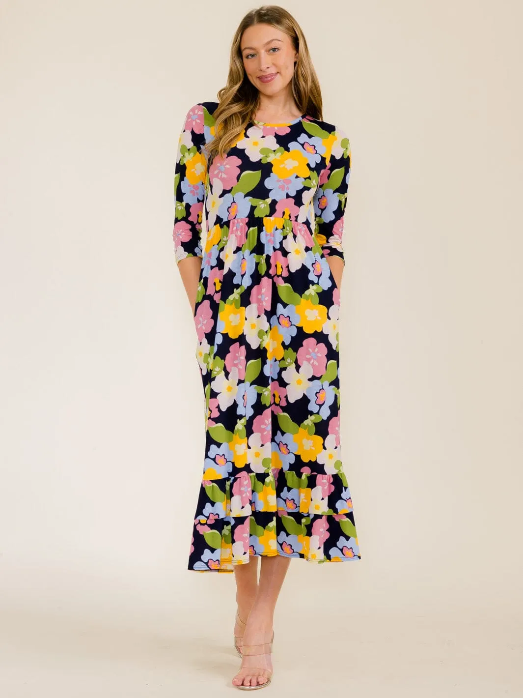 WOMEN'S 3/4 SLEEVE FRONT POCKETS FLOWER PRINT TUNIC MAXI DRESS