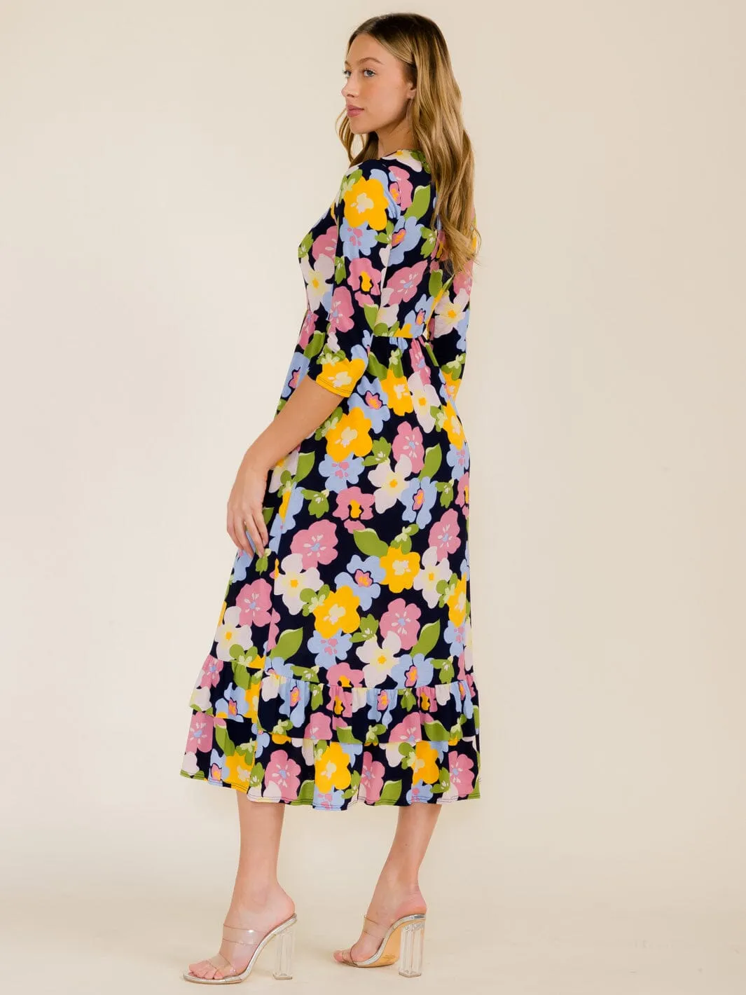 WOMEN'S 3/4 SLEEVE FRONT POCKETS FLOWER PRINT TUNIC MAXI DRESS