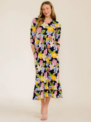 WOMEN'S 3/4 SLEEVE FRONT POCKETS FLOWER PRINT TUNIC MAXI DRESS