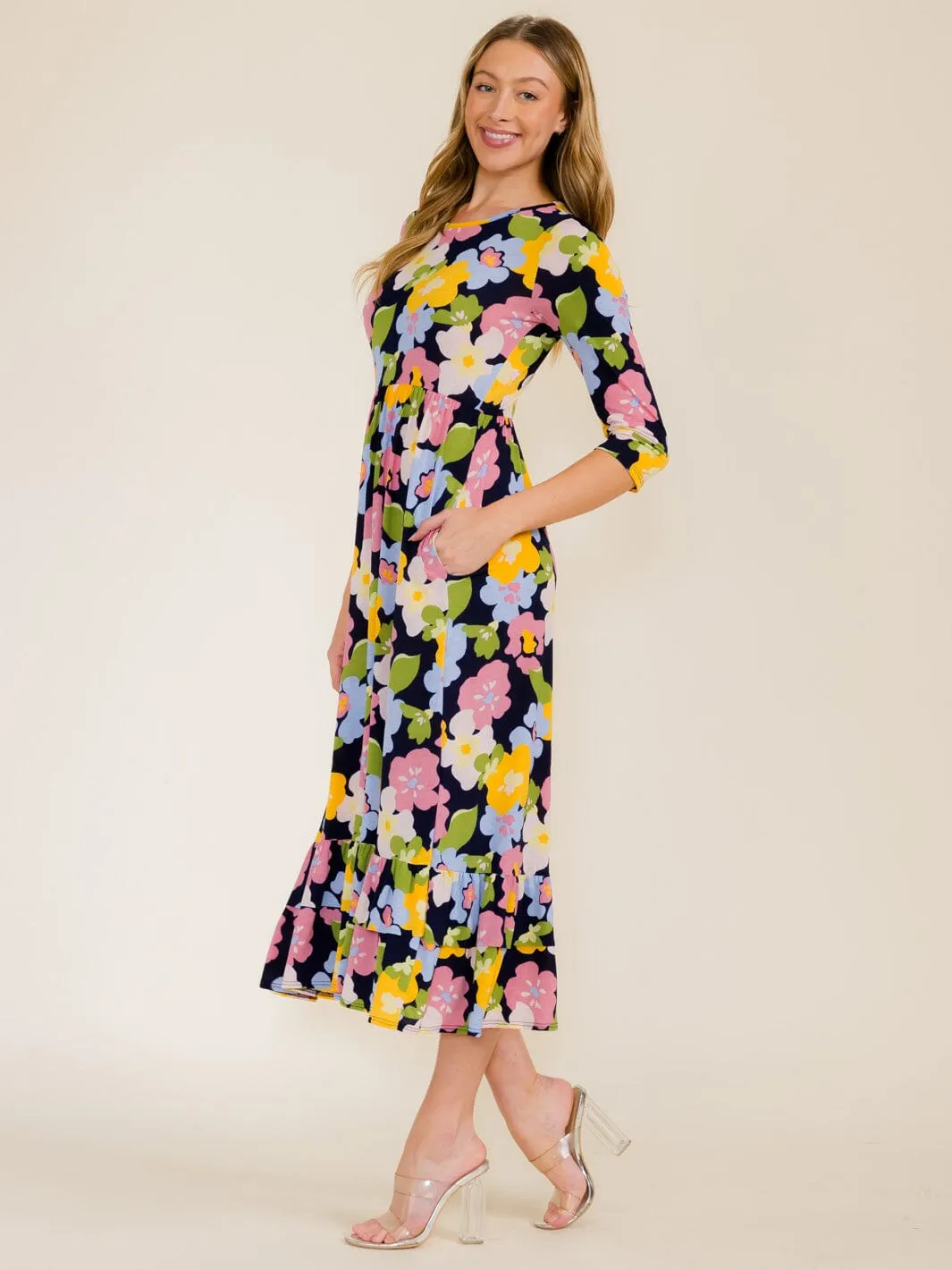 WOMEN'S 3/4 SLEEVE FRONT POCKETS FLOWER PRINT TUNIC MAXI DRESS