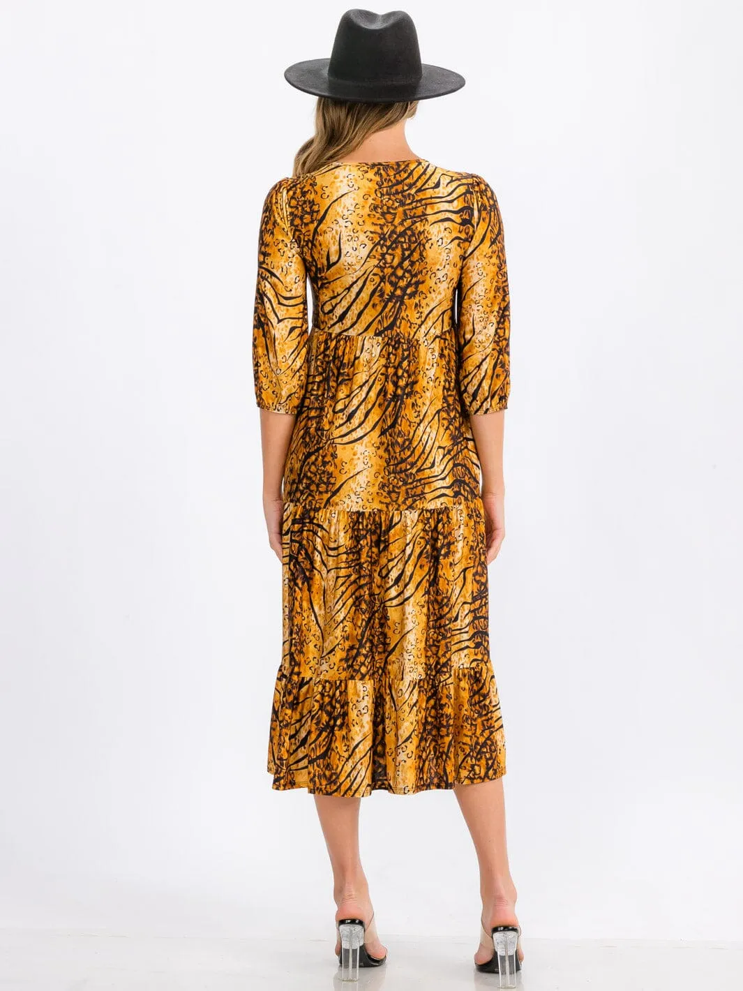 WOMEN'S 3/4 SLEEVE FRONT POCKETS MULTI PRINT TIERED MIDI DRESS