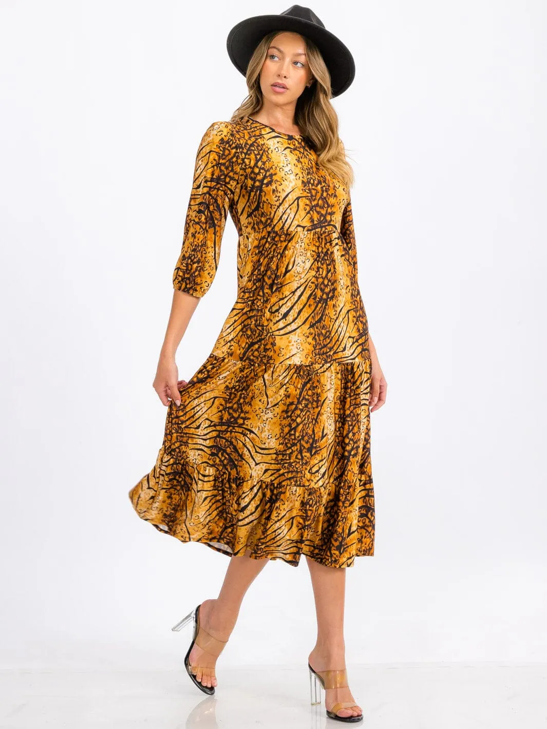WOMEN'S 3/4 SLEEVE FRONT POCKETS MULTI PRINT TIERED MIDI DRESS