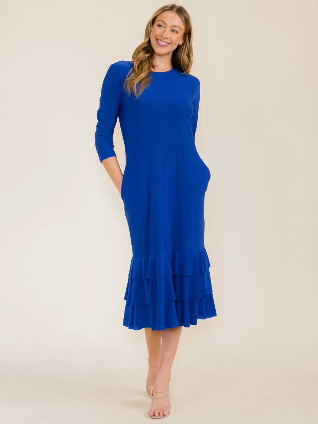 WOMEN'S 3/4 SLEEVE FRONT POCKETS TIERED RUFFLE BOTTOM HEM MAXI DRESS