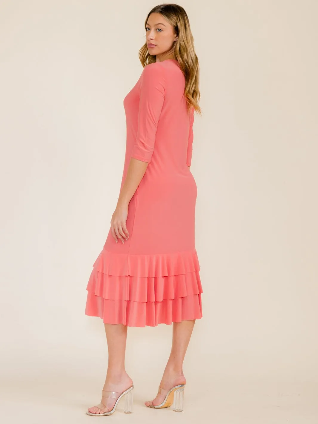 WOMEN'S 3/4 SLEEVE FRONT POCKETS TIERED RUFFLE BOTTOM HEM MAXI DRESS