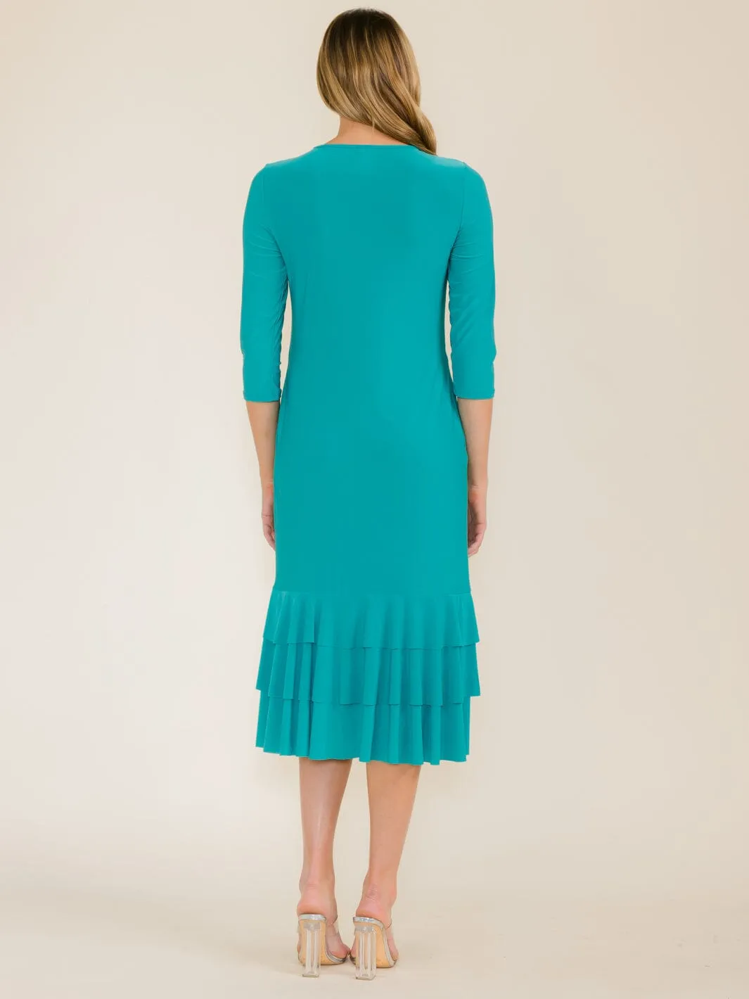 WOMEN'S 3/4 SLEEVE FRONT POCKETS TIERED RUFFLE BOTTOM HEM MAXI DRESS