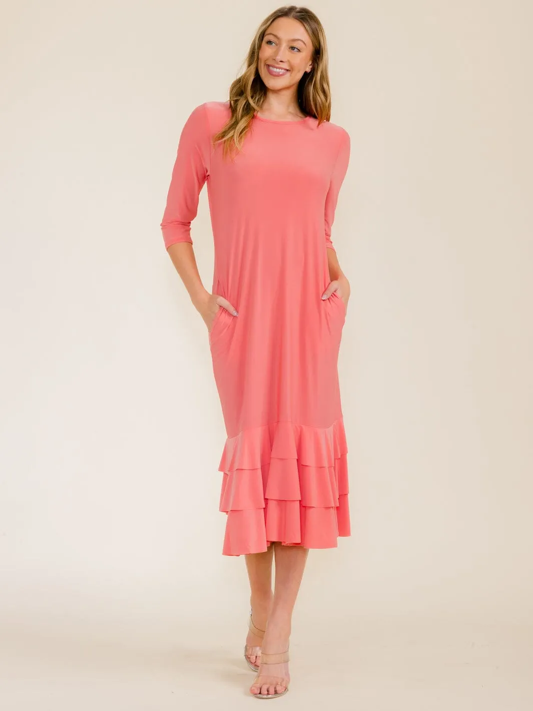 WOMEN'S 3/4 SLEEVE FRONT POCKETS TIERED RUFFLE BOTTOM HEM MAXI DRESS