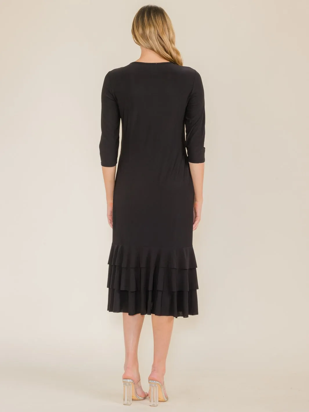 WOMEN'S 3/4 SLEEVE FRONT POCKETS TIERED RUFFLE BOTTOM HEM MAXI DRESS