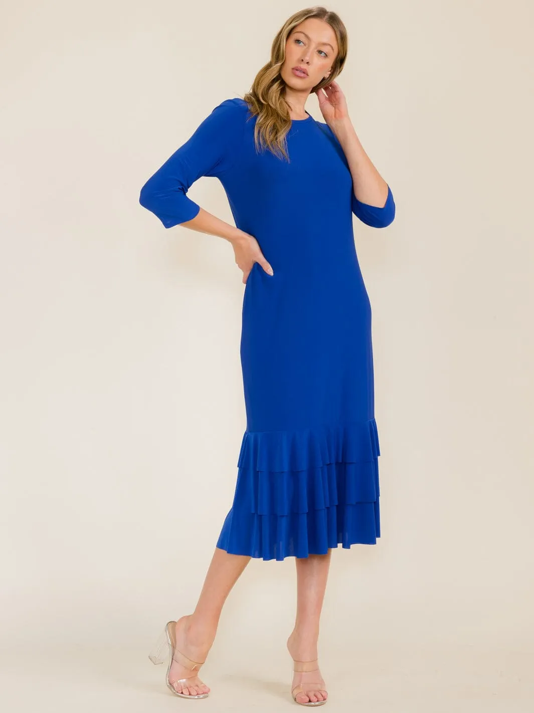 WOMEN'S 3/4 SLEEVE FRONT POCKETS TIERED RUFFLE BOTTOM HEM MAXI DRESS