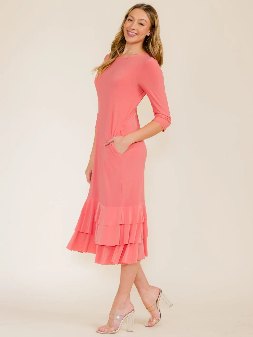 WOMEN'S 3/4 SLEEVE FRONT POCKETS TIERED RUFFLE BOTTOM HEM MAXI DRESS