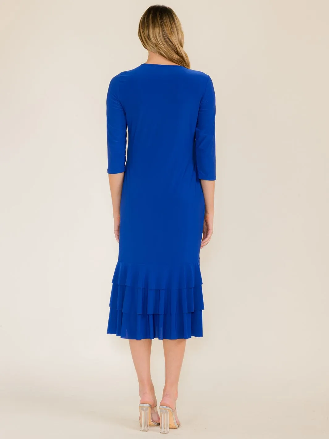 WOMEN'S 3/4 SLEEVE FRONT POCKETS TIERED RUFFLE BOTTOM HEM MAXI DRESS
