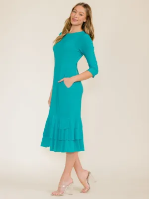 WOMEN'S 3/4 SLEEVE FRONT POCKETS TIERED RUFFLE BOTTOM HEM MAXI DRESS