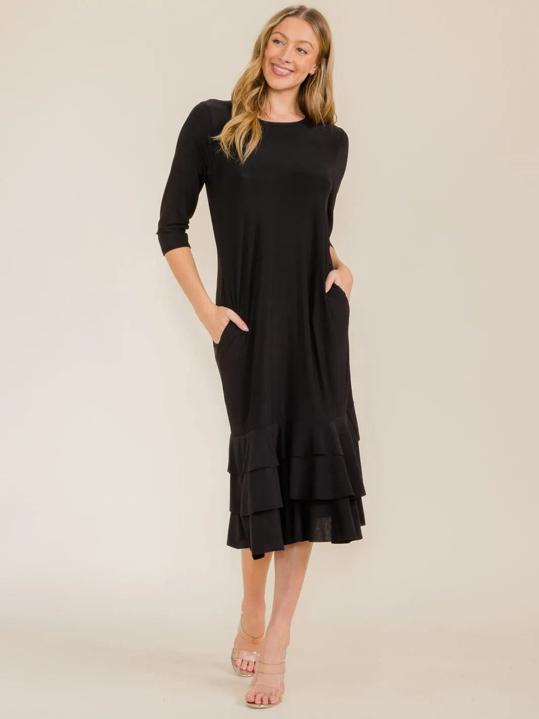 WOMEN'S 3/4 SLEEVE FRONT POCKETS TIERED RUFFLE BOTTOM HEM MAXI DRESS