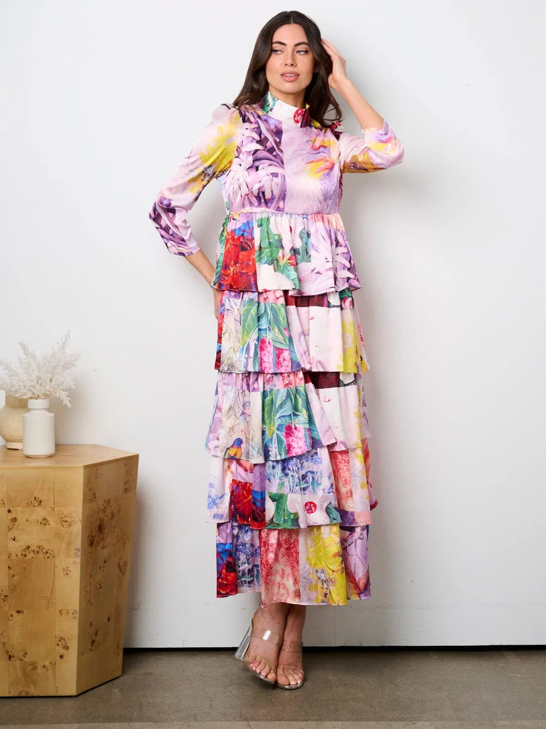 WOMEN'S 3/4 SLEEVE MOCK NECK TIERED MULTI PRINT MAXI DRESS