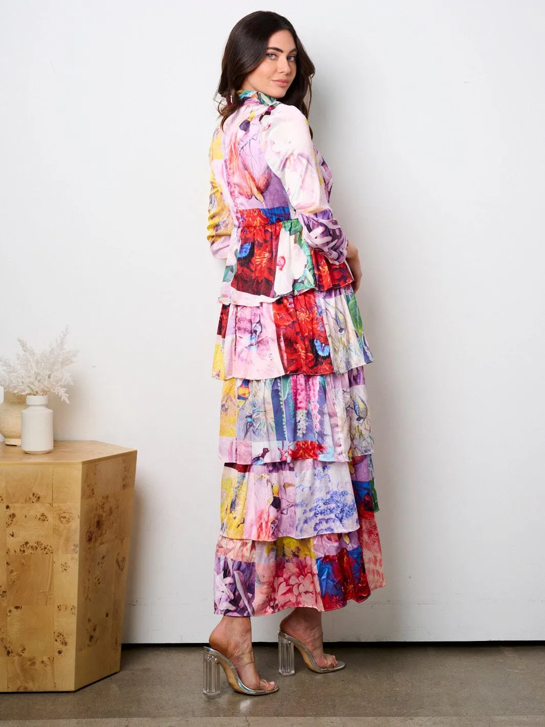 WOMEN'S 3/4 SLEEVE MOCK NECK TIERED MULTI PRINT MAXI DRESS