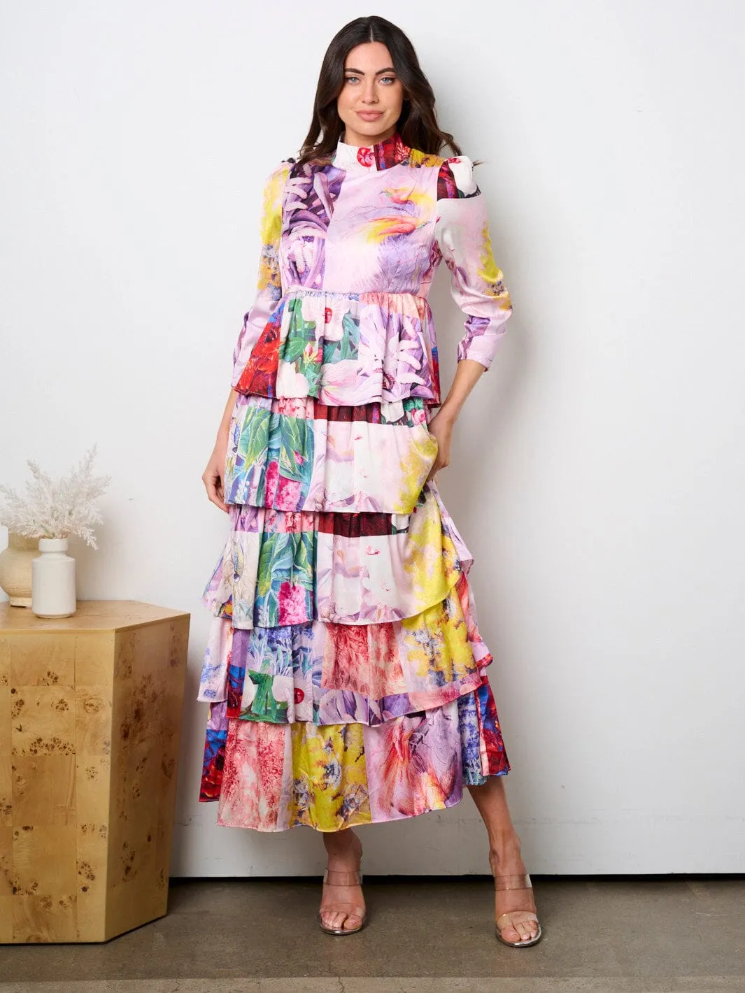 WOMEN'S 3/4 SLEEVE MOCK NECK TIERED MULTI PRINT MAXI DRESS