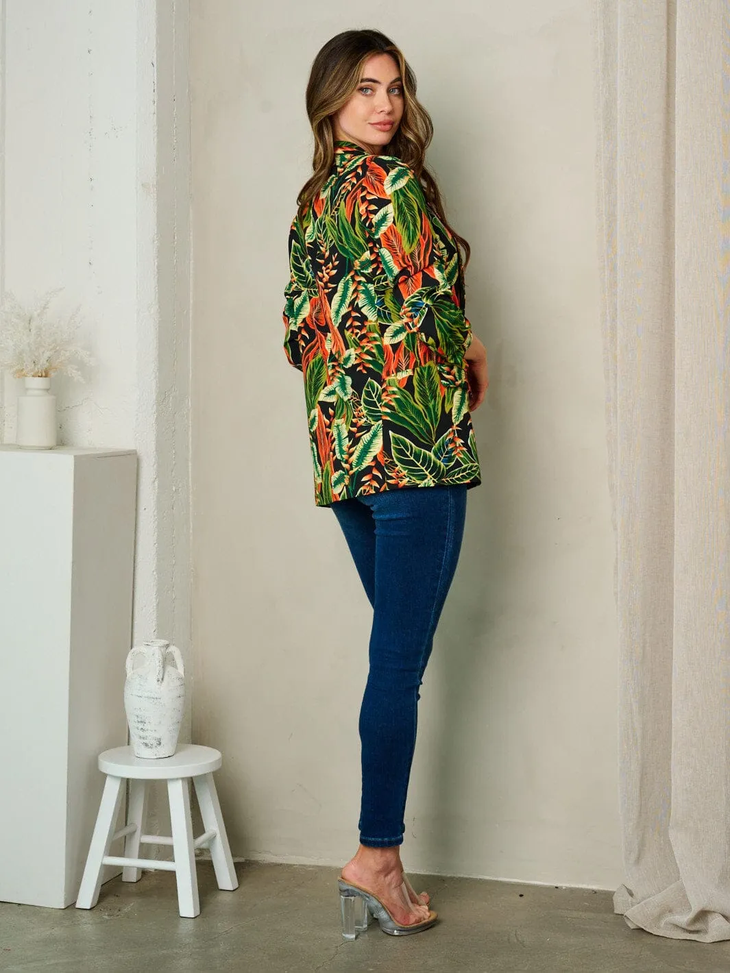 WOMEN'S 3/4 SLEEVE OPEN FRONT MULTI PRINT BLAZER