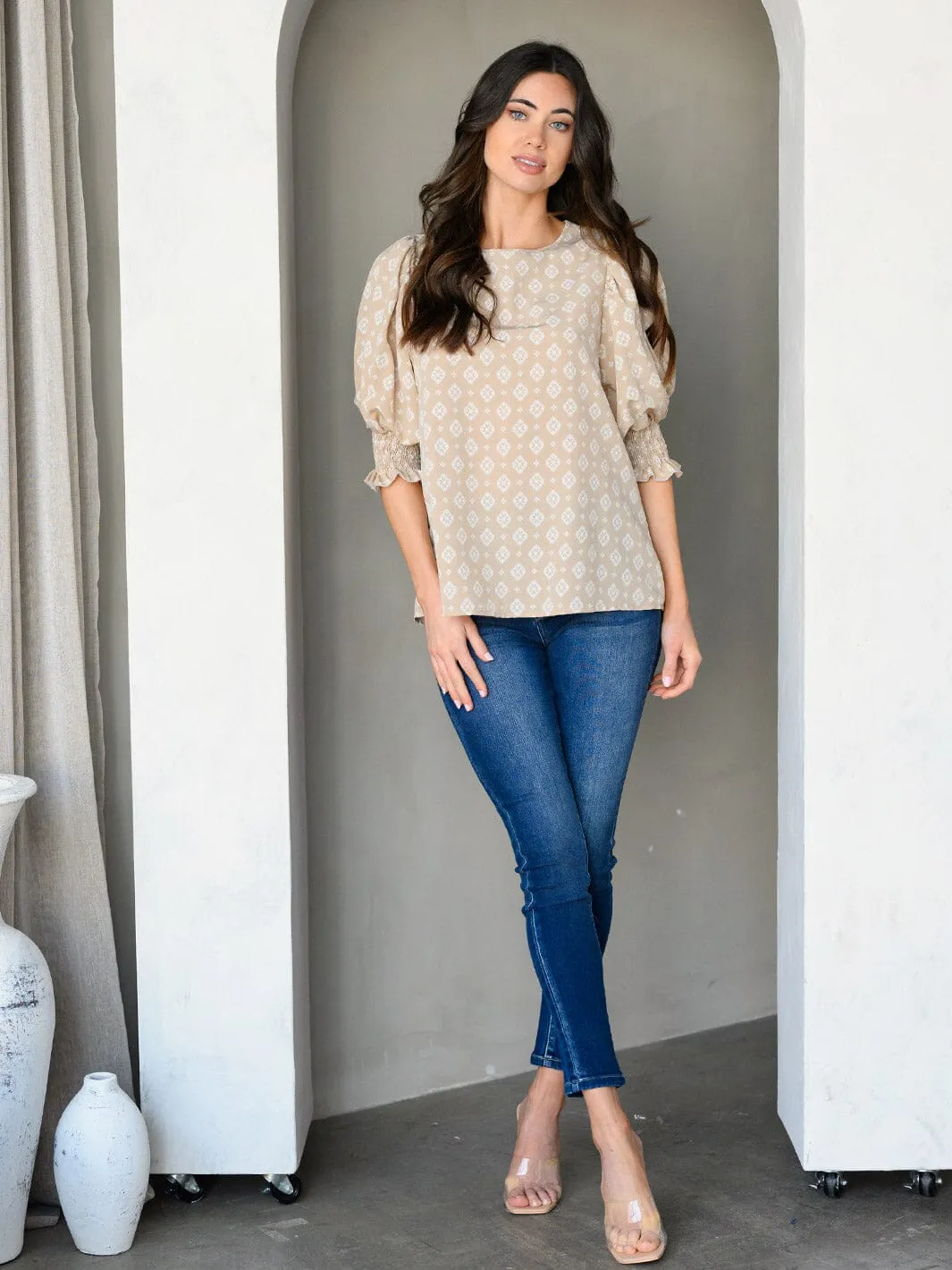 WOMEN'S 3/4 SLEEVES MULTI PRINT TUNIC TOP