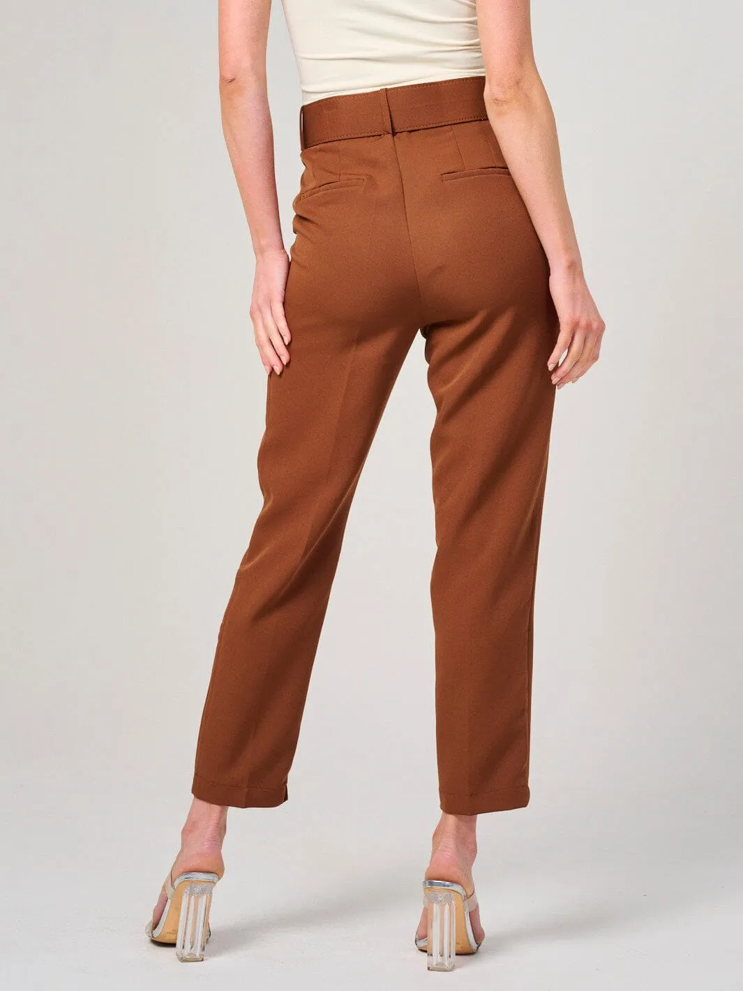WOMEN'S BUTTON CLOSURE FRONT POCKETS BELTED WIDE LEG PANTS