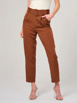 WOMEN'S BUTTON CLOSURE FRONT POCKETS BELTED WIDE LEG PANTS