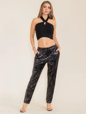 WOMEN'S BUTTON CLOSURE FRONT POCKETS SEQUINS PANTS