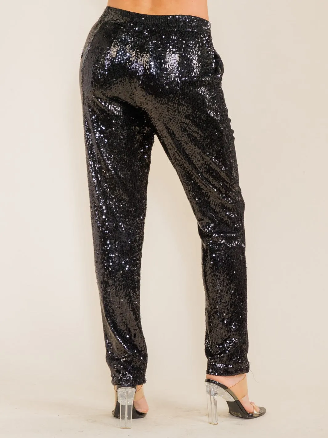 WOMEN'S BUTTON CLOSURE FRONT POCKETS SEQUINS PANTS