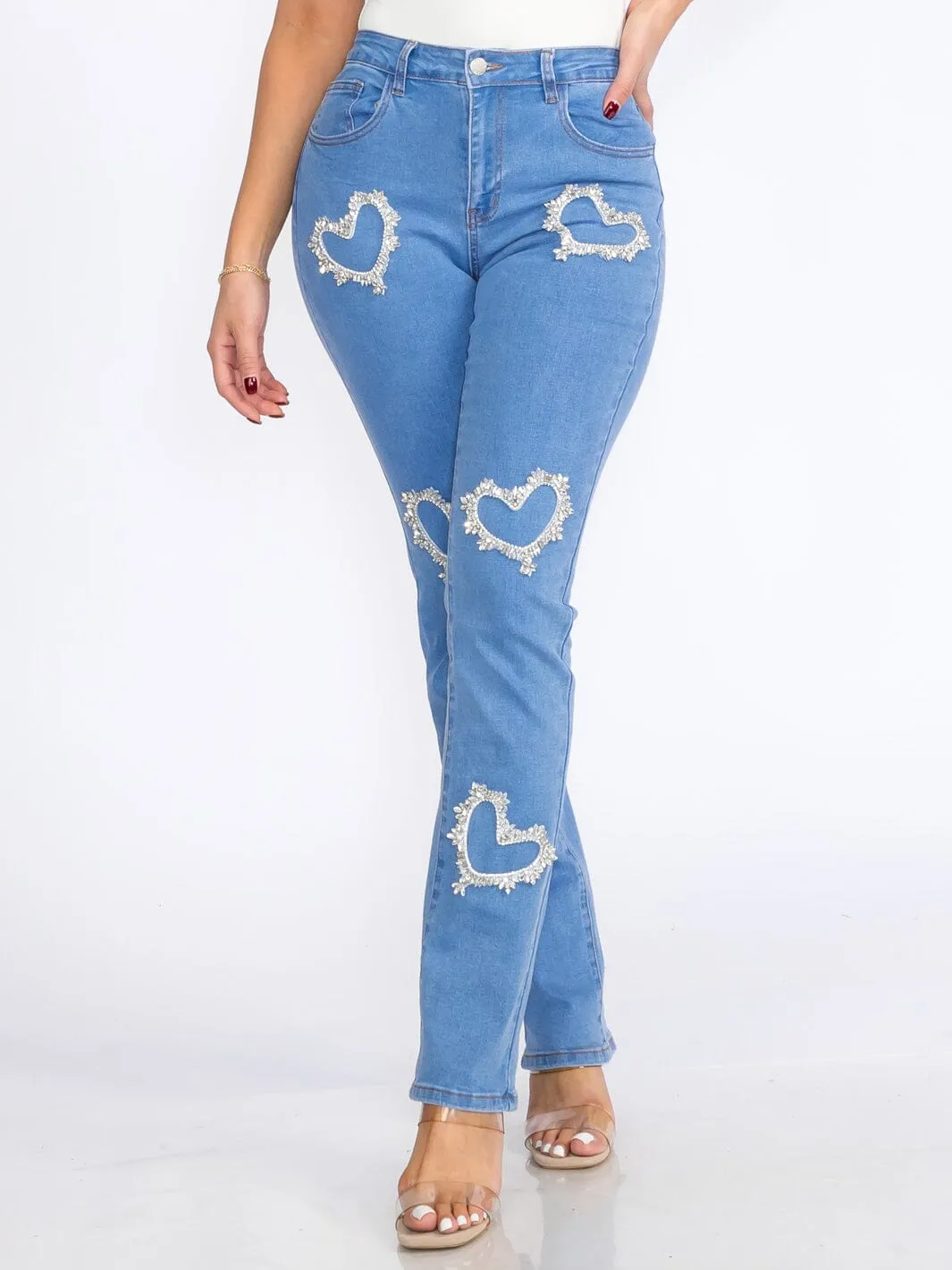 WOMEN'S BUTTON CLOSURE POCKETS HEARTS STRETCH DENIM SKINNY JEANS