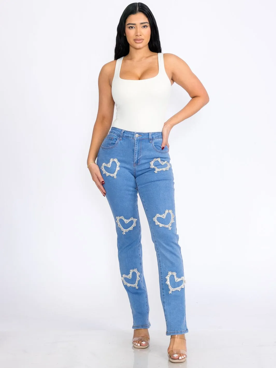 WOMEN'S BUTTON CLOSURE POCKETS HEARTS STRETCH DENIM SKINNY JEANS