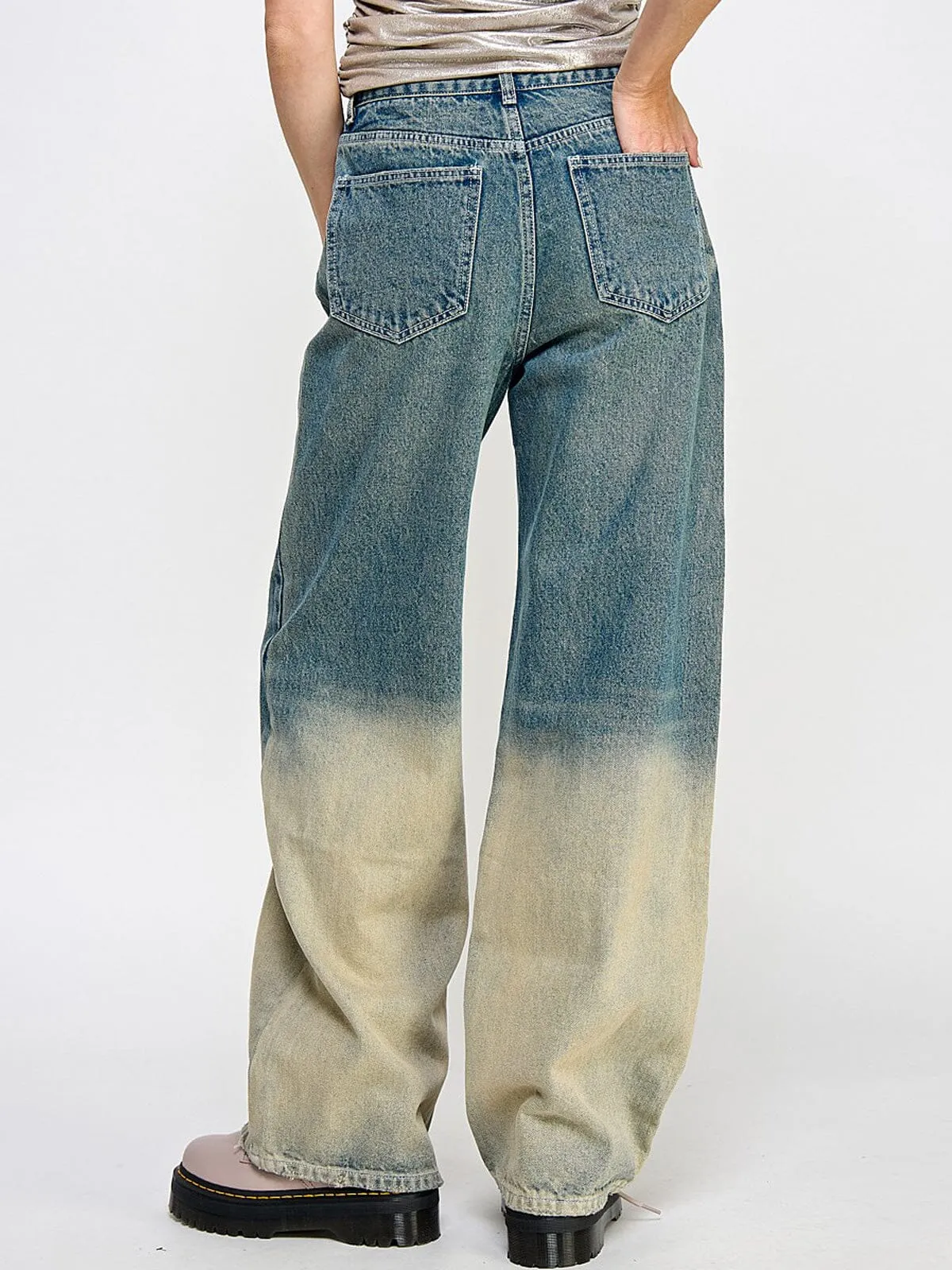 WOMEN'S BUTTON CLOSURE POCKETS WIDE LEG OMBRE DENIM PANTS
