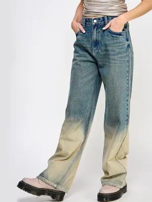 WOMEN'S BUTTON CLOSURE POCKETS WIDE LEG OMBRE DENIM PANTS
