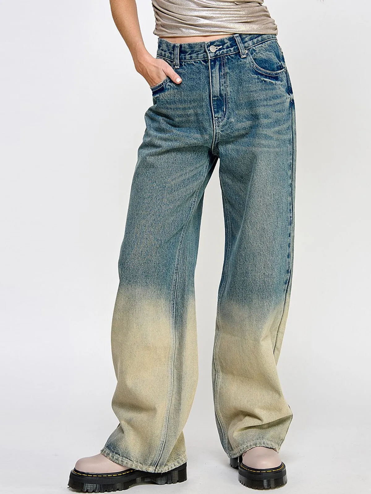WOMEN'S BUTTON CLOSURE POCKETS WIDE LEG OMBRE DENIM PANTS