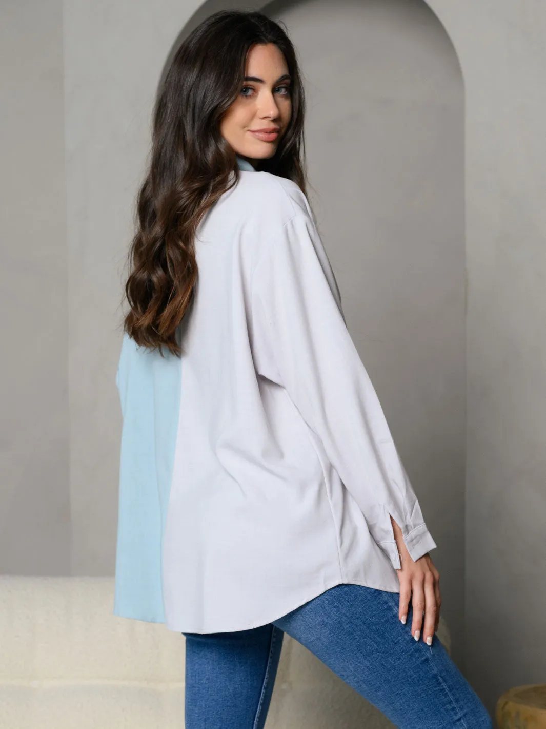 WOMEN'S COLORBLOCK COLLAR BUTTON DOWN FRONT LONG SLEEVE TOP