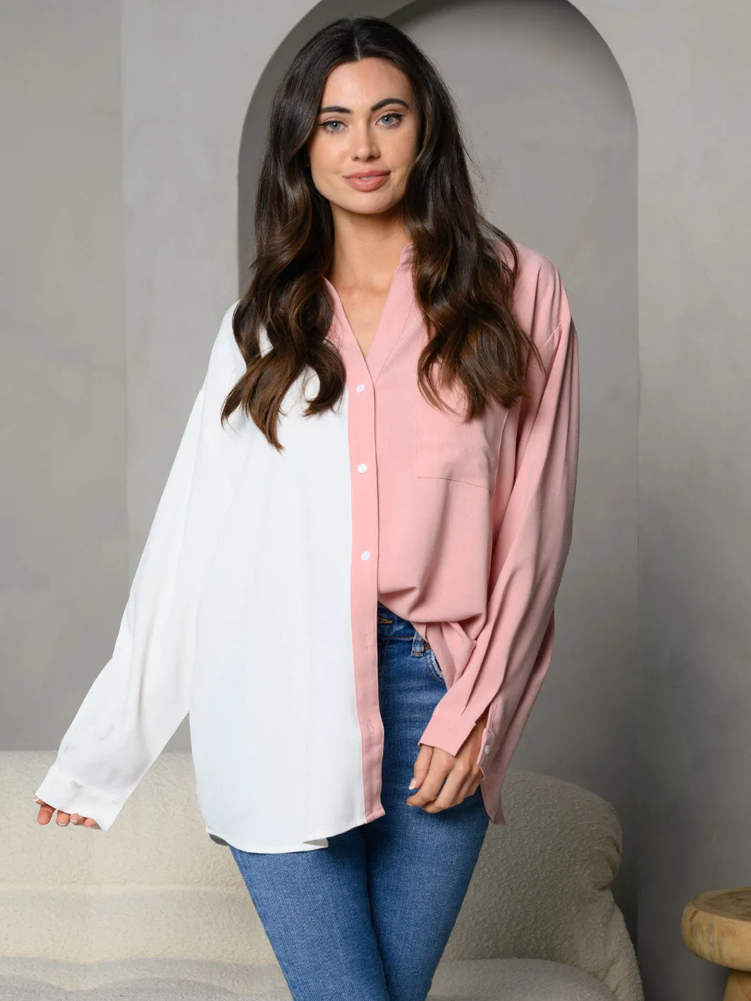 WOMEN'S COLORBLOCK COLLAR BUTTON DOWN FRONT LONG SLEEVE TOP
