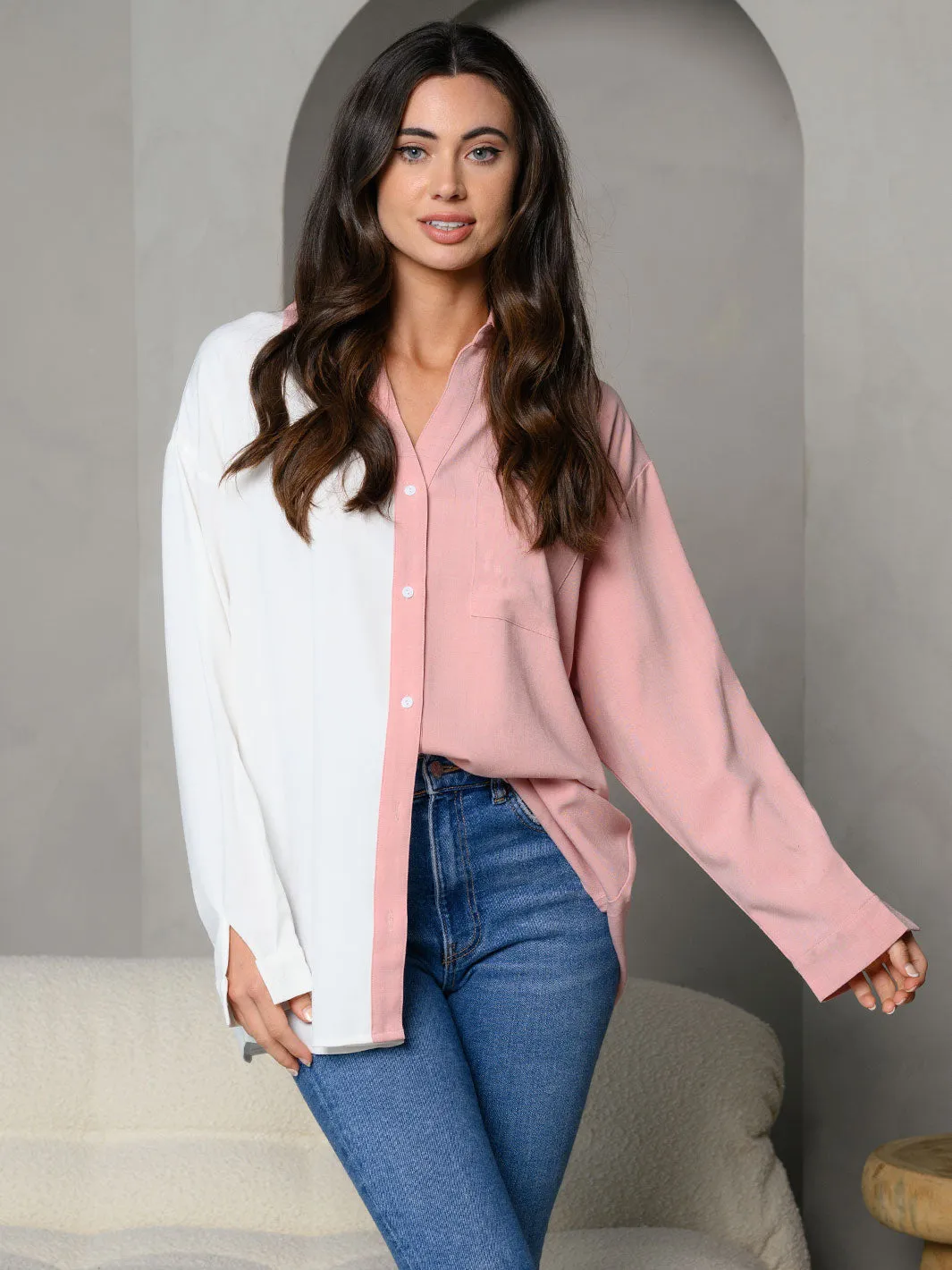 WOMEN'S COLORBLOCK COLLAR BUTTON DOWN FRONT LONG SLEEVE TOP