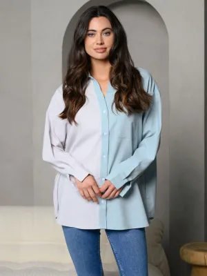 WOMEN'S COLORBLOCK COLLAR BUTTON DOWN FRONT LONG SLEEVE TOP