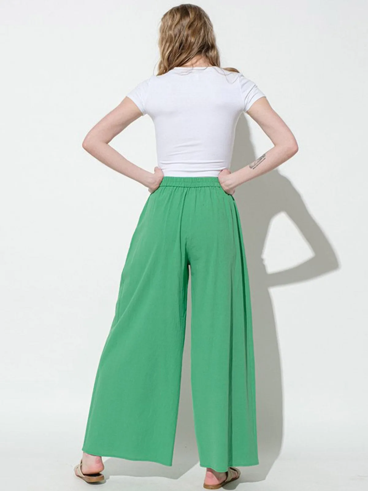 WOMEN'S ELASTIC WAIST FRONT POCKETS WIDE LEG PANTS
