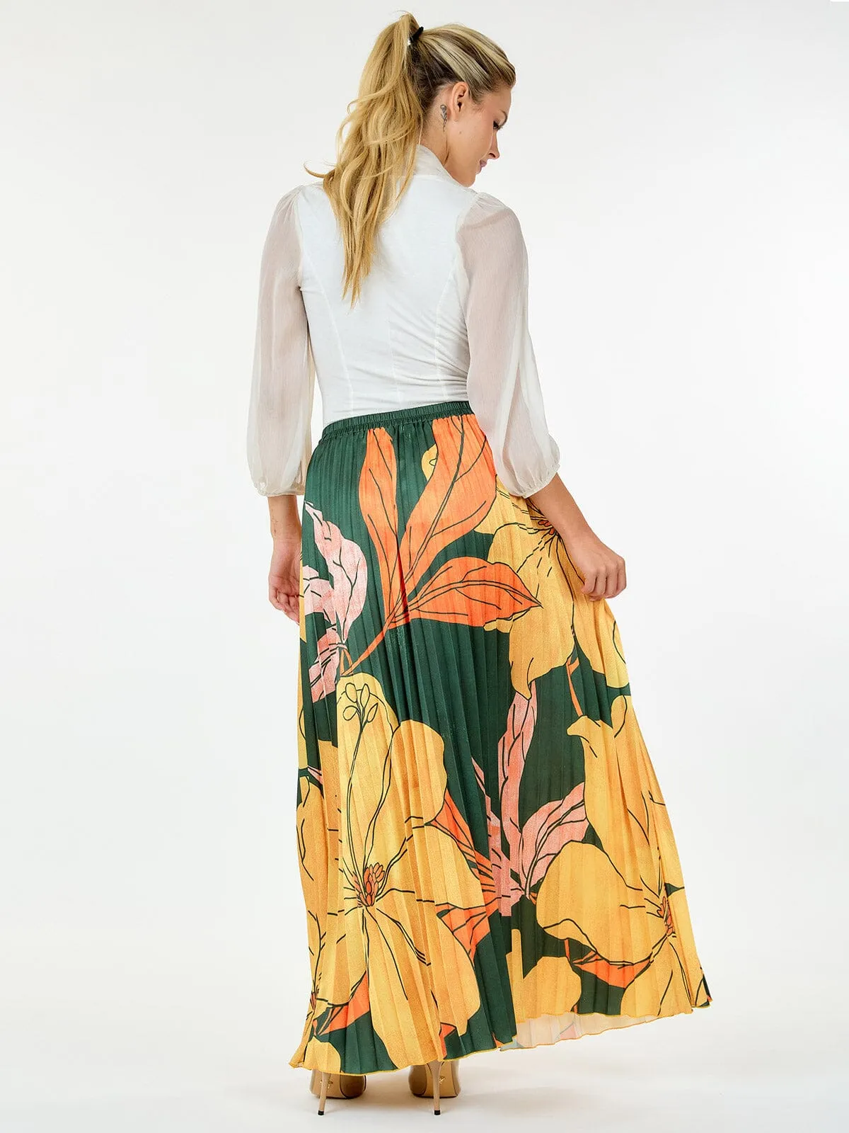 WOMEN'S ELASTIC WAIST LEAF PRINT PLEATED MAXI SKIRT