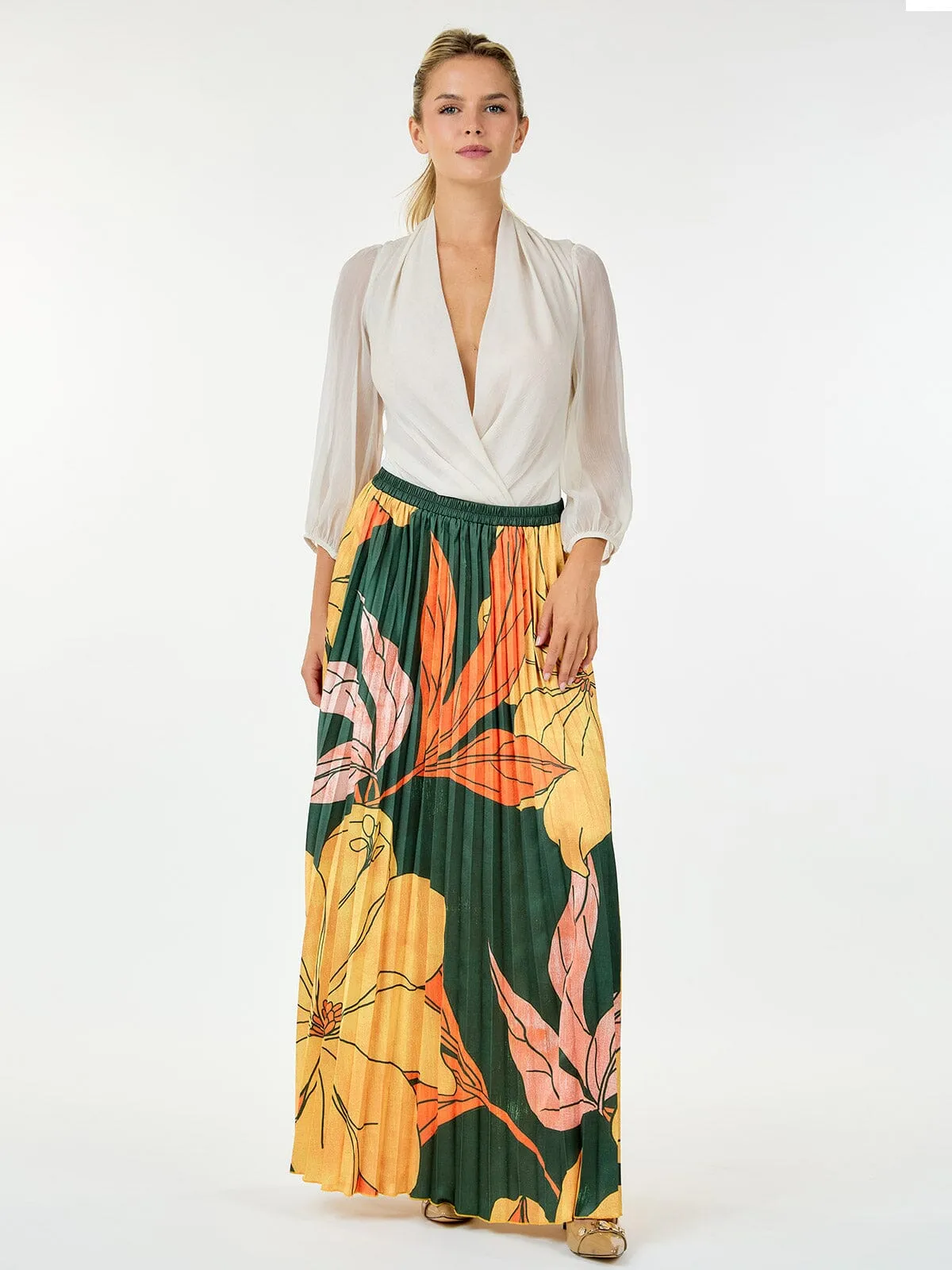 WOMEN'S ELASTIC WAIST LEAF PRINT PLEATED MAXI SKIRT