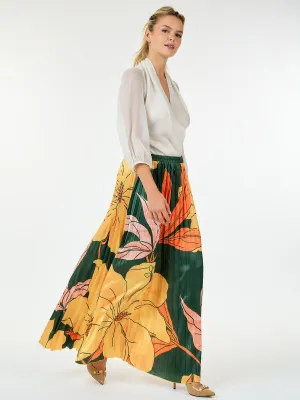 WOMEN'S ELASTIC WAIST LEAF PRINT PLEATED MAXI SKIRT