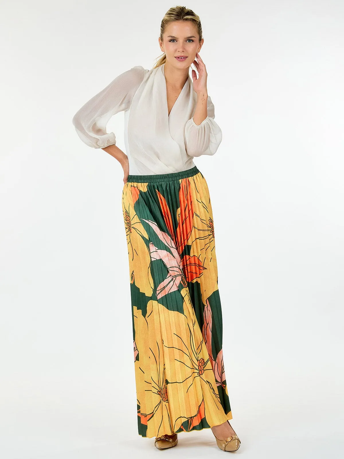 WOMEN'S ELASTIC WAIST LEAF PRINT PLEATED MAXI SKIRT