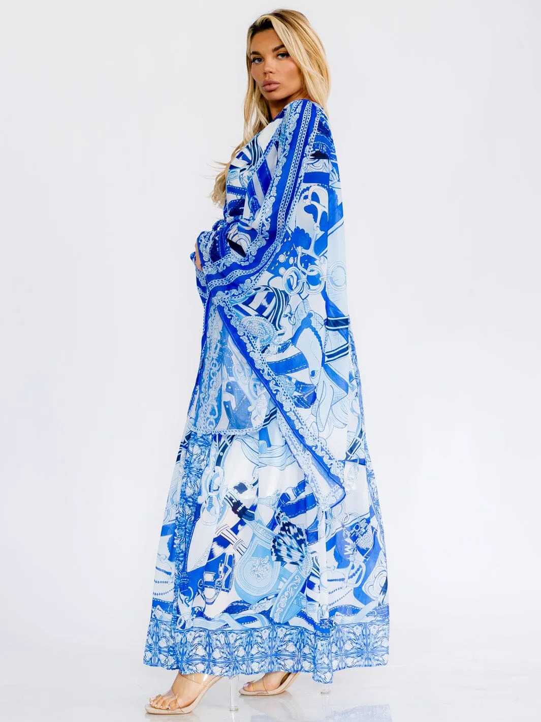 WOMEN'S LONG BELL SLEEVE SURPLICE COLORBLOCK MULTI PRINT MAXI DRESS