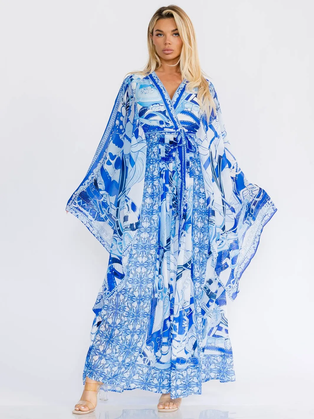 WOMEN'S LONG BELL SLEEVE SURPLICE COLORBLOCK MULTI PRINT MAXI DRESS