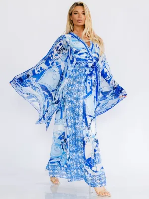 WOMEN'S LONG BELL SLEEVE SURPLICE COLORBLOCK MULTI PRINT MAXI DRESS