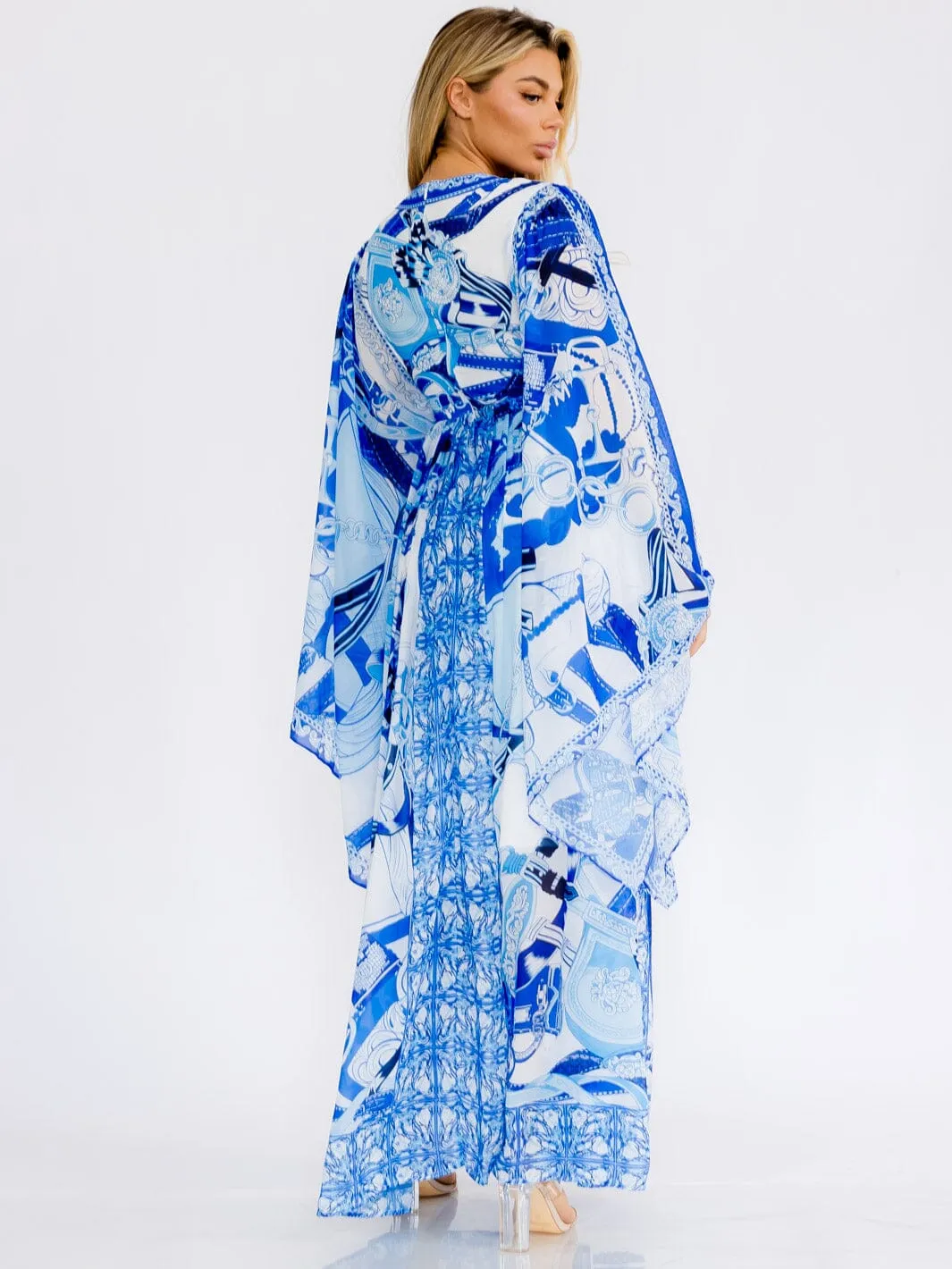 WOMEN'S LONG BELL SLEEVE SURPLICE COLORBLOCK MULTI PRINT MAXI DRESS