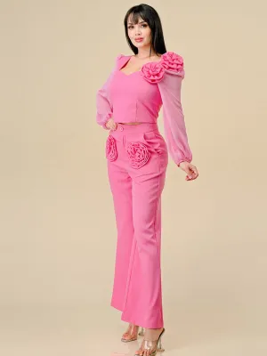 WOMEN'S LONG SLEEVE BLOUSE & BUTTON CLOSURE PANTS FLOWERS DETAILED 2PC.SET